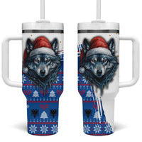 Kosovo Christmas Tumbler With Handle with Santa Wolf Snowflakes Blue Pattern and National Emblem - Wonder Print Shop