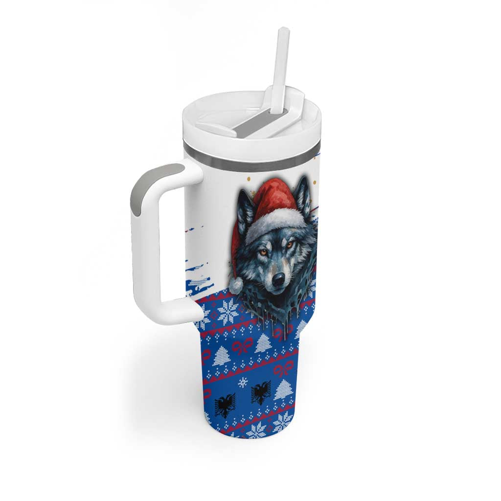 Kosovo Christmas Tumbler With Handle with Santa Wolf Snowflakes Blue Pattern and National Emblem - Wonder Print Shop