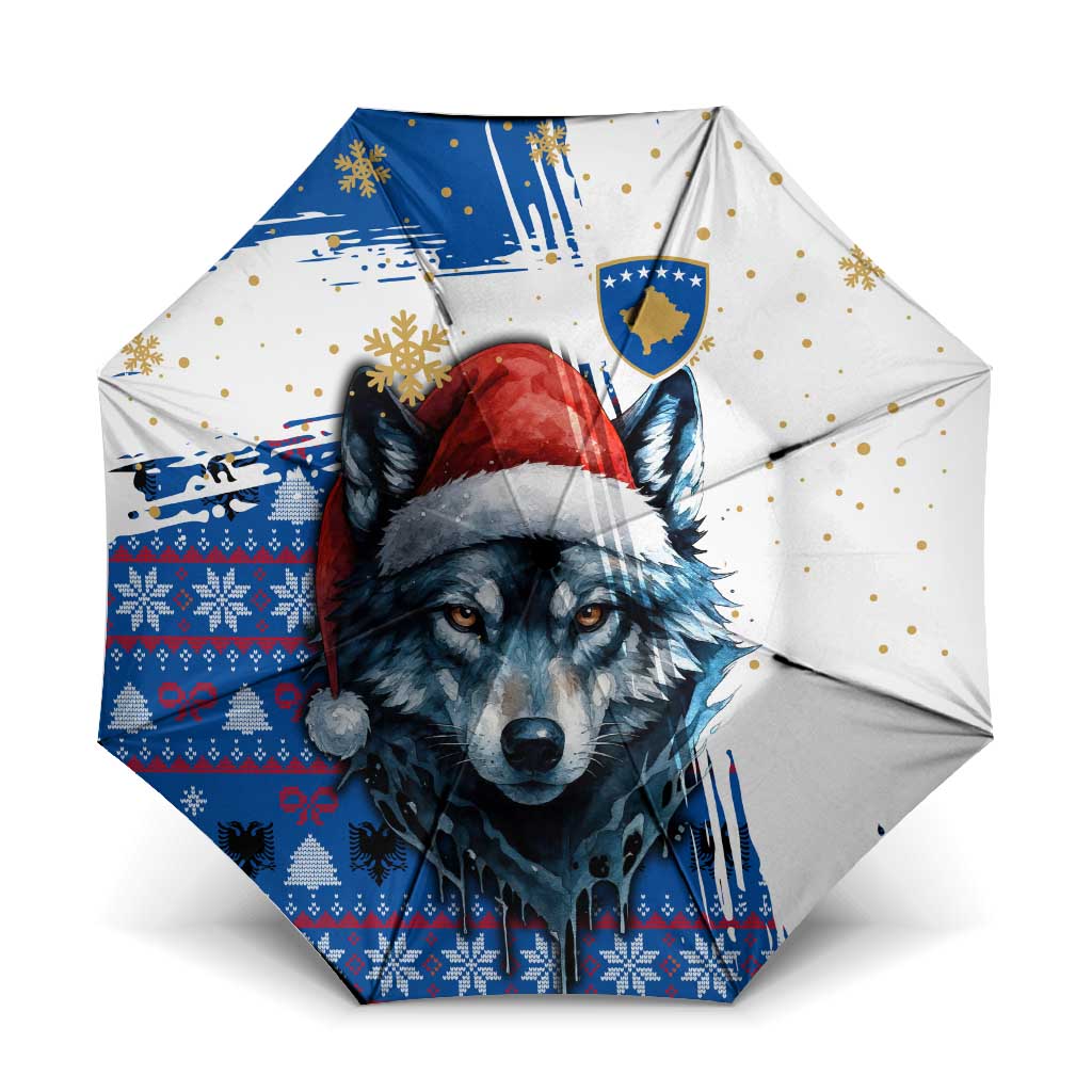Kosovo Christmas Umbrella with Santa Wolf Snowflakes Blue Pattern and National Emblem - Wonder Print Shop