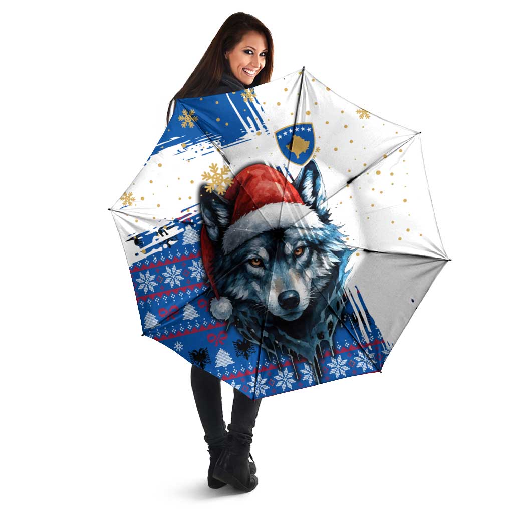 Kosovo Christmas Umbrella with Santa Wolf Snowflakes Blue Pattern and National Emblem - Wonder Print Shop