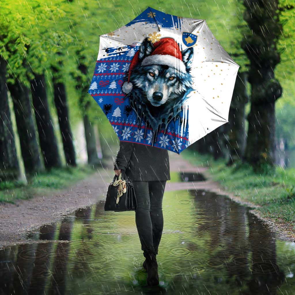 Kosovo Christmas Umbrella with Santa Wolf Snowflakes Blue Pattern and National Emblem - Wonder Print Shop