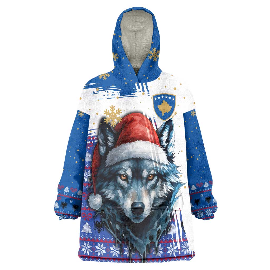 Kosovo Christmas Wearable Blanket Hoodie with Santa Wolf Snowflakes Blue Pattern and National Emblem - Wonder Print Shop