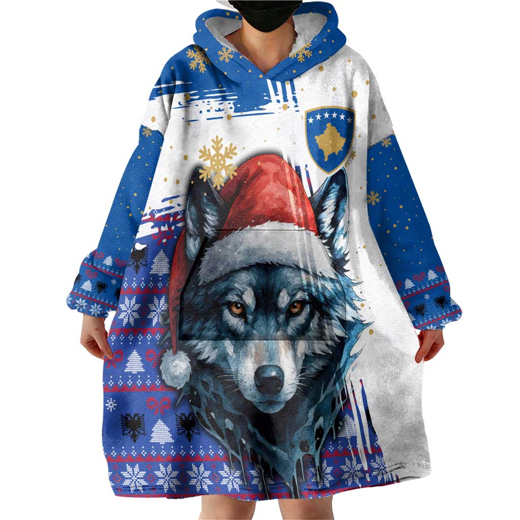 Kosovo Christmas Wearable Blanket Hoodie with Santa Wolf Snowflakes Blue Pattern and National Emblem - Wonder Print Shop