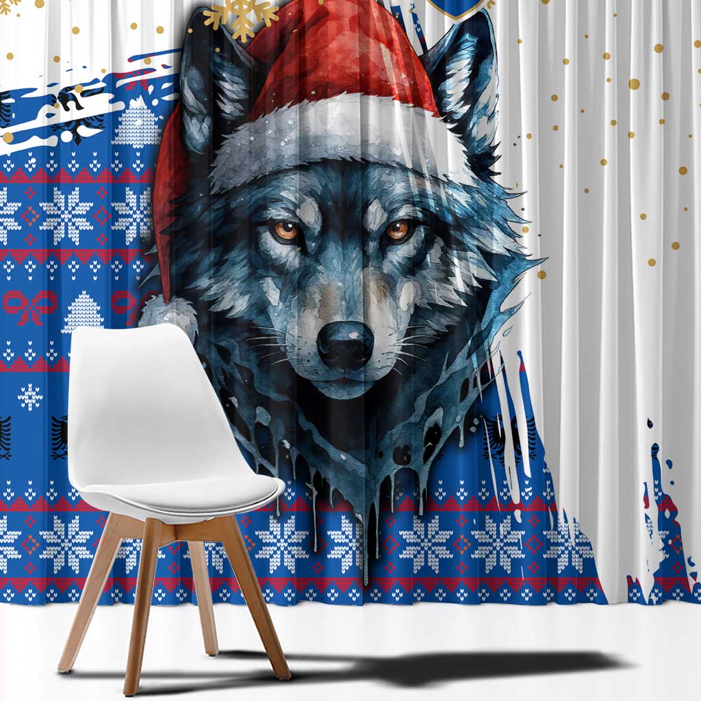 Kosovo Christmas Window Curtain with Santa Wolf Snowflakes Blue Pattern and National Emblem - Wonder Print Shop