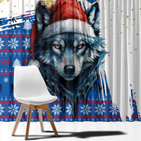 Kosovo Christmas Window Curtain with Santa Wolf Snowflakes Blue Pattern and National Emblem - Wonder Print Shop