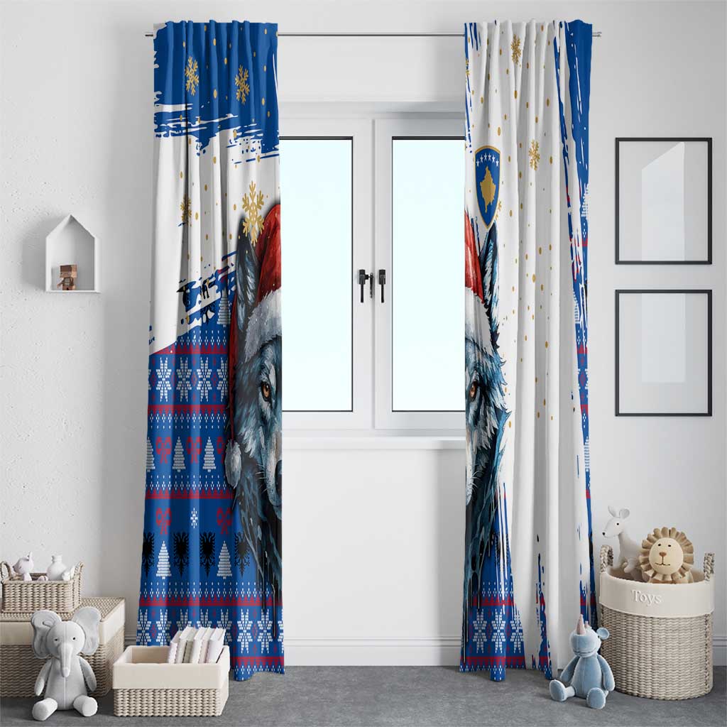 Kosovo Christmas Window Curtain with Santa Wolf Snowflakes Blue Pattern and National Emblem - Wonder Print Shop