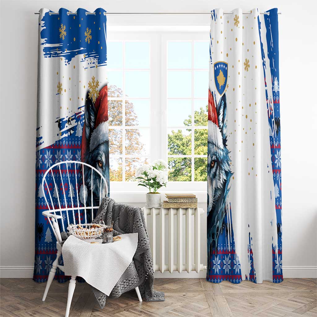 Kosovo Christmas Window Curtain with Santa Wolf Snowflakes Blue Pattern and National Emblem - Wonder Print Shop