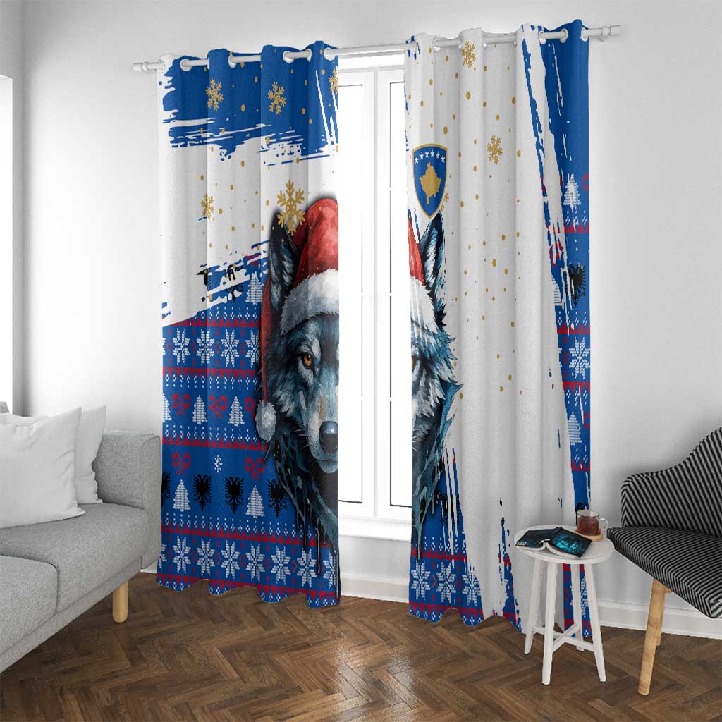 Kosovo Christmas Window Curtain with Santa Wolf Snowflakes Blue Pattern and National Emblem - Wonder Print Shop
