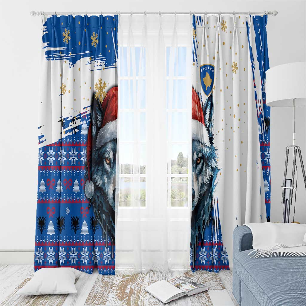Kosovo Christmas Window Curtain with Santa Wolf Snowflakes Blue Pattern and National Emblem - Wonder Print Shop