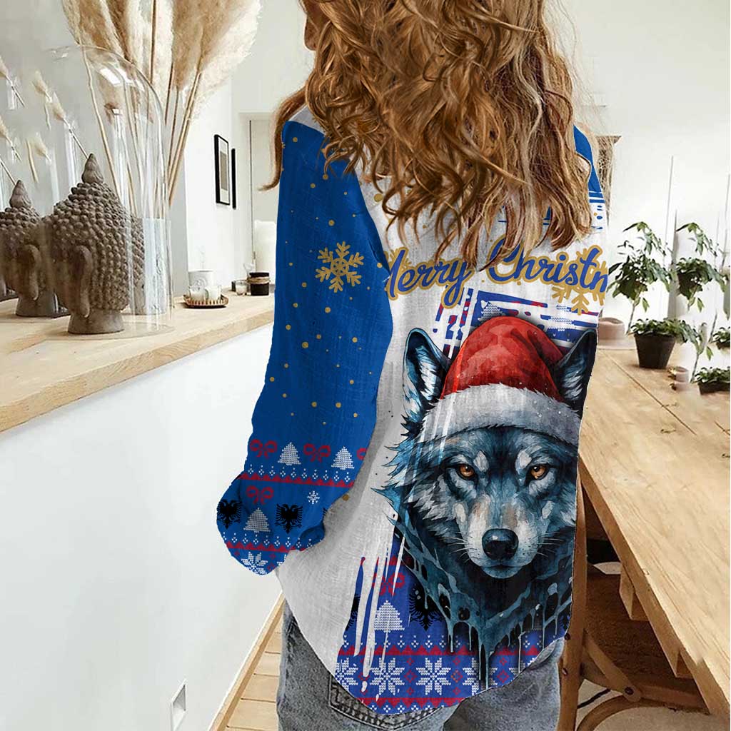 Kosovo Christmas Women Casual Shirt with Santa Wolf Snowflakes Blue Pattern and National Emblem - Wonder Print Shop