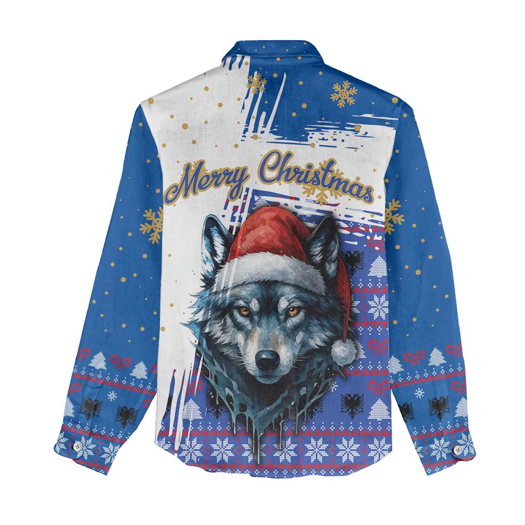 Kosovo Christmas Women Casual Shirt with Santa Wolf Snowflakes Blue Pattern and National Emblem - Wonder Print Shop