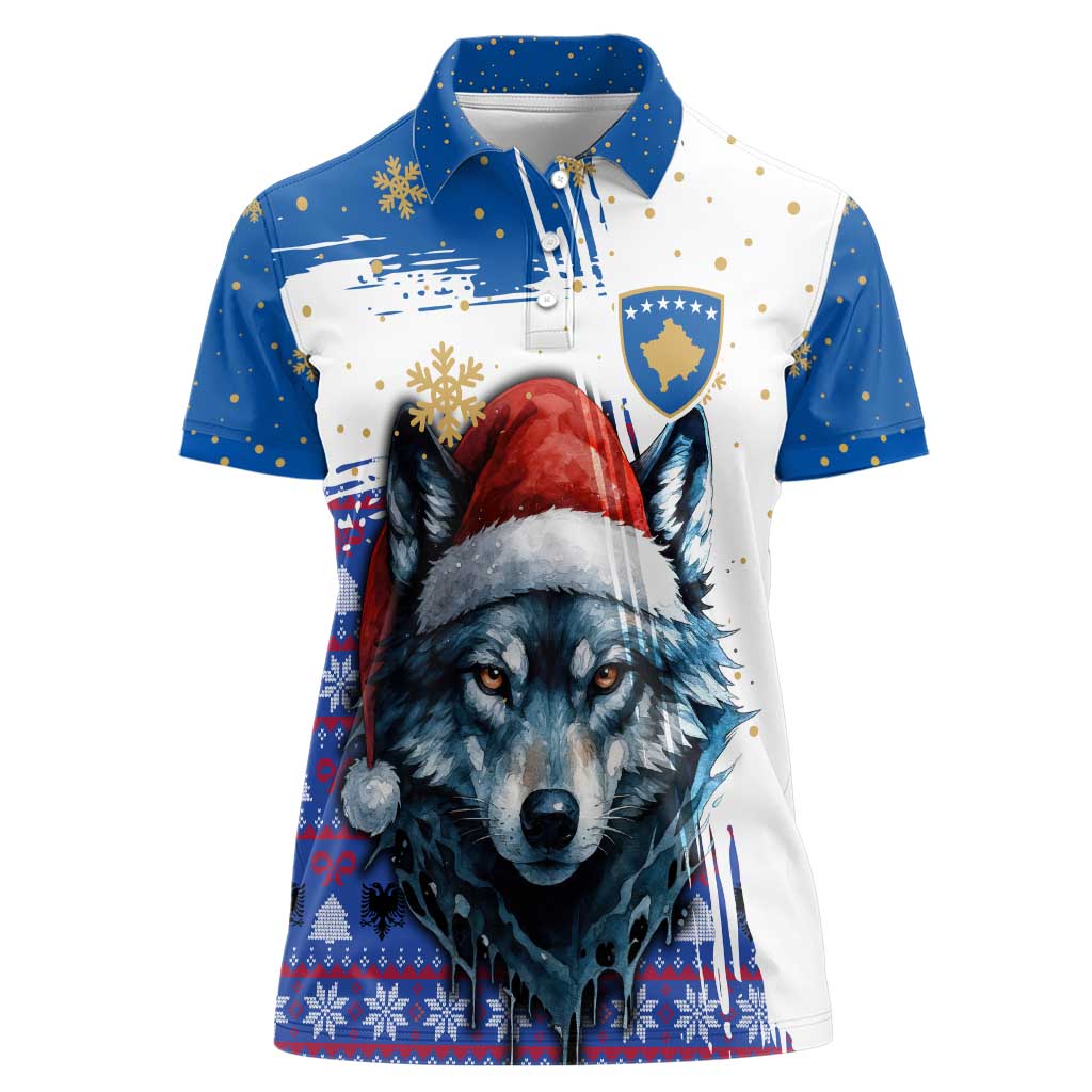 Kosovo Christmas Women Polo Shirt with Santa Wolf Snowflakes Blue Pattern and National Emblem - Wonder Print Shop