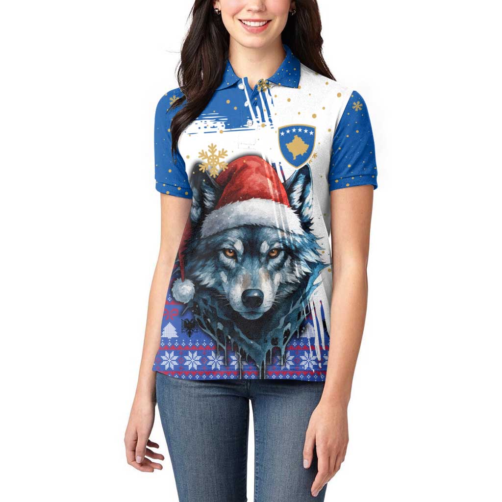 Kosovo Christmas Women Polo Shirt with Santa Wolf Snowflakes Blue Pattern and National Emblem - Wonder Print Shop