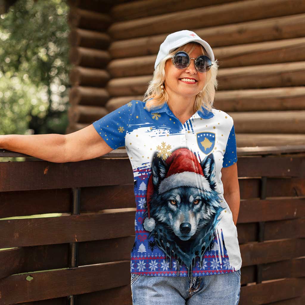 Kosovo Christmas Women Polo Shirt with Santa Wolf Snowflakes Blue Pattern and National Emblem - Wonder Print Shop