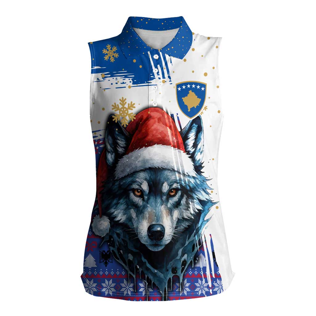 Kosovo Christmas Women Sleeveless Polo Shirt with Santa Wolf Snowflakes Blue Pattern and National Emblem - Wonder Print Shop
