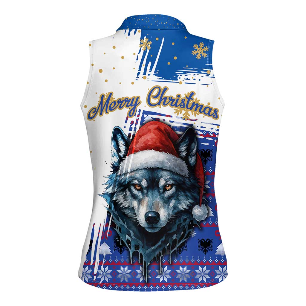 Kosovo Christmas Women Sleeveless Polo Shirt with Santa Wolf Snowflakes Blue Pattern and National Emblem - Wonder Print Shop
