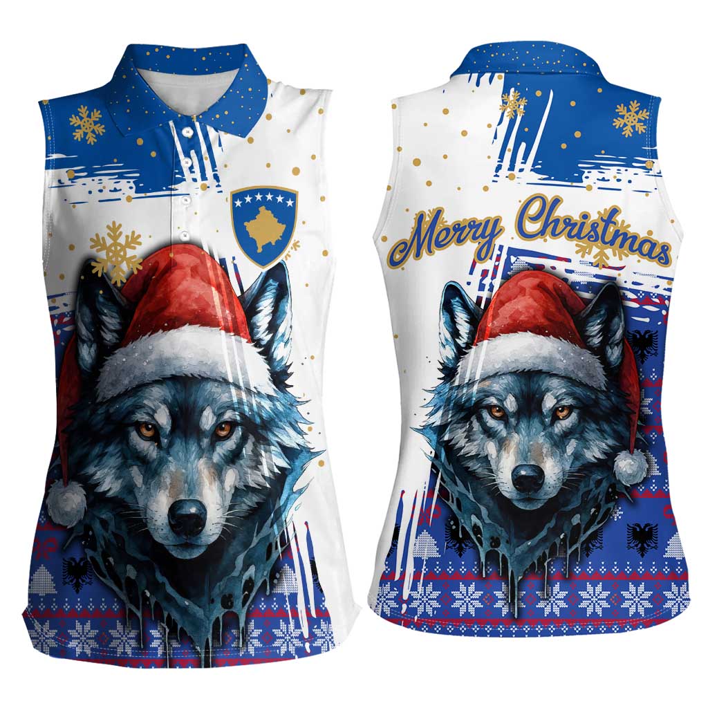 Kosovo Christmas Women Sleeveless Polo Shirt with Santa Wolf Snowflakes Blue Pattern and National Emblem - Wonder Print Shop