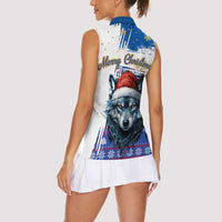 Kosovo Christmas Women Sleeveless Polo Shirt with Santa Wolf Snowflakes Blue Pattern and National Emblem - Wonder Print Shop