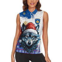 Kosovo Christmas Women Sleeveless Polo Shirt with Santa Wolf Snowflakes Blue Pattern and National Emblem - Wonder Print Shop