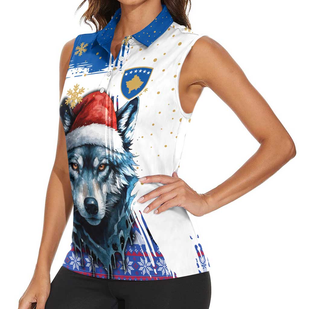 Kosovo Christmas Women Sleeveless Polo Shirt with Santa Wolf Snowflakes Blue Pattern and National Emblem - Wonder Print Shop