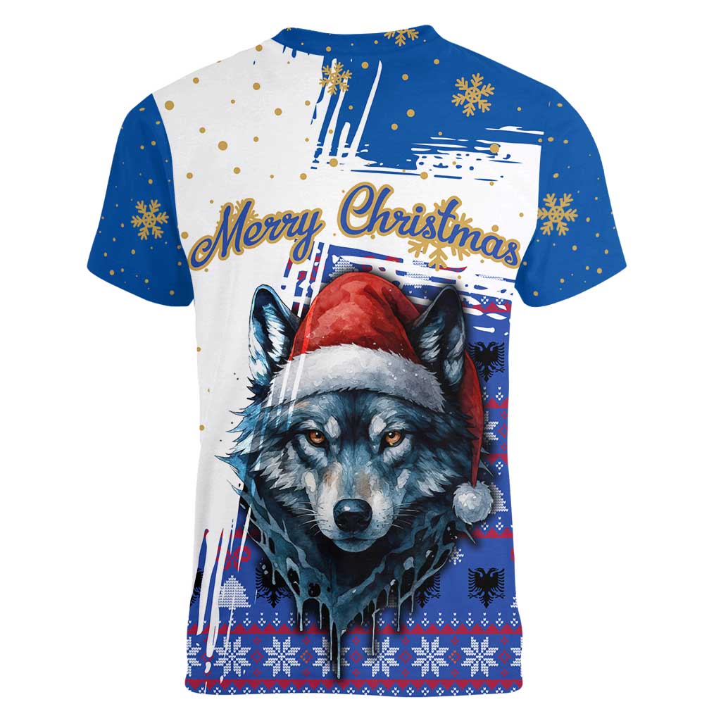 Kosovo Christmas Women V-Neck T-Shirt with Santa Wolf Snowflakes Blue Pattern and National Emblem - Wonder Print Shop