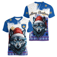 Kosovo Christmas Women V-Neck T-Shirt with Santa Wolf Snowflakes Blue Pattern and National Emblem - Wonder Print Shop