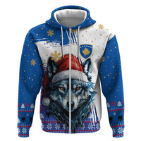 Kosovo Christmas Zip Hoodie with Santa Wolf Snowflakes Blue Pattern and National Emblem - Wonder Print Shop