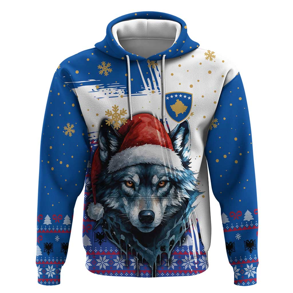 Kosovo Christmas Zip Hoodie with Santa Wolf Snowflakes Blue Pattern and National Emblem - Wonder Print Shop