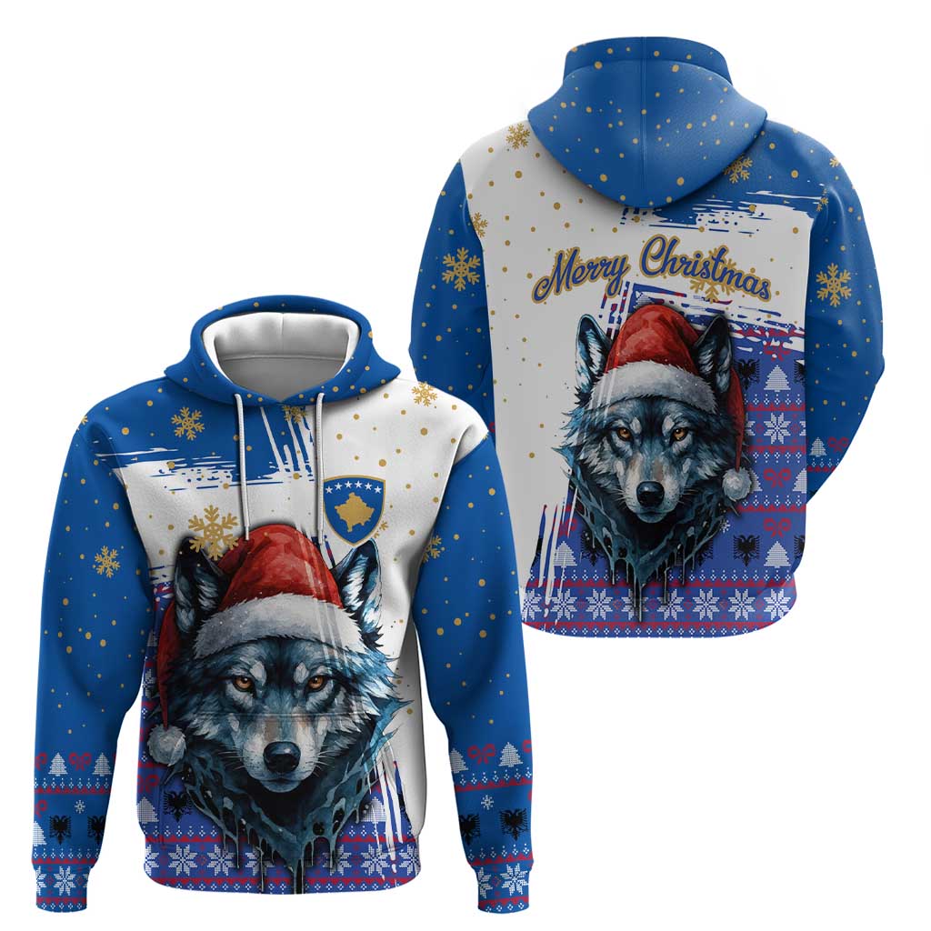 Kosovo Christmas Zip Hoodie with Santa Wolf Snowflakes Blue Pattern and National Emblem - Wonder Print Shop