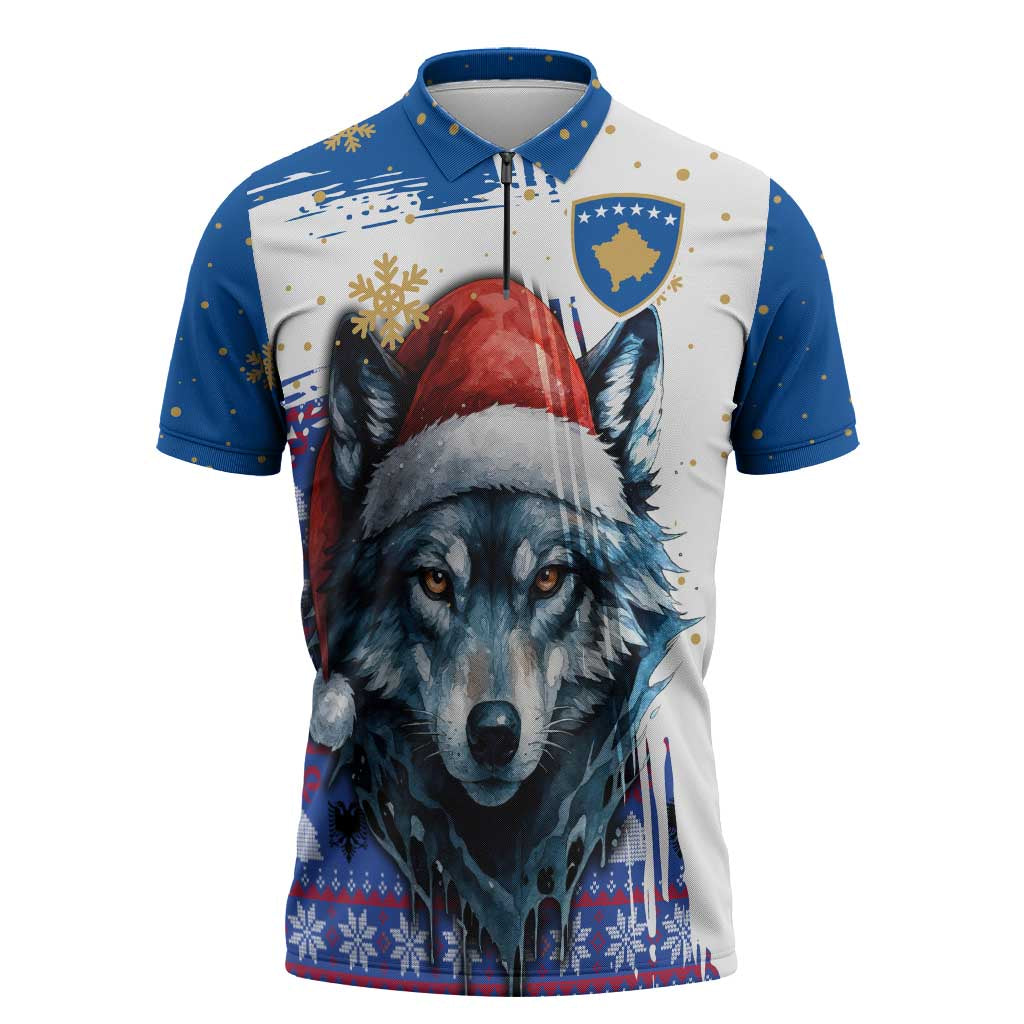 Kosovo Christmas Zipper Polo Shirt with Santa Wolf Snowflakes Blue Pattern and National Emblem - Wonder Print Shop