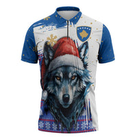 Kosovo Christmas Zipper Polo Shirt with Santa Wolf Snowflakes Blue Pattern and National Emblem - Wonder Print Shop