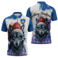 Kosovo Christmas Zipper Polo Shirt with Santa Wolf Snowflakes Blue Pattern and National Emblem - Wonder Print Shop