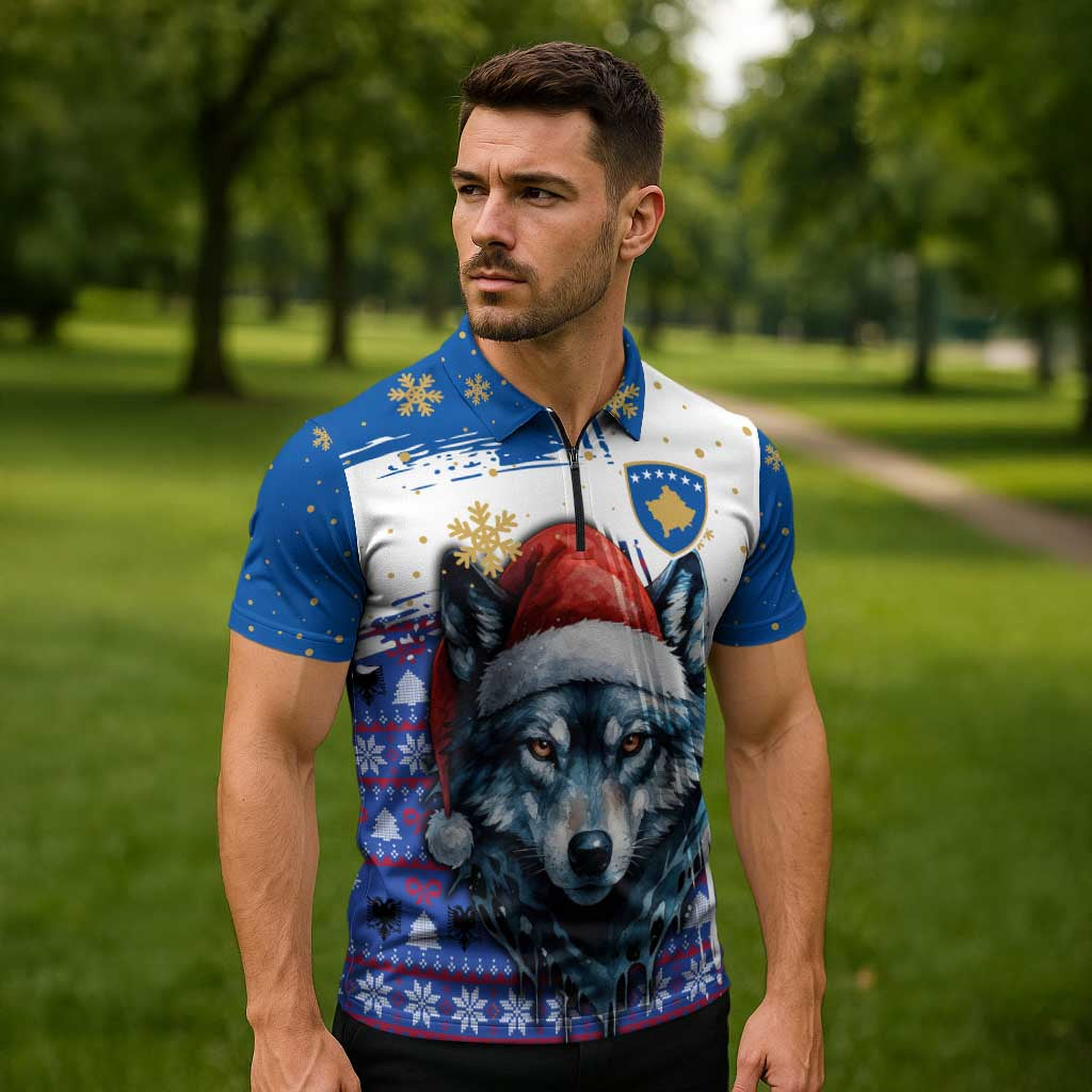 Kosovo Christmas Zipper Polo Shirt with Santa Wolf Snowflakes Blue Pattern and National Emblem - Wonder Print Shop