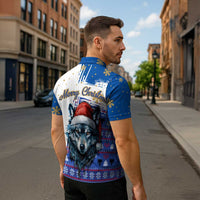 Kosovo Christmas Zipper Polo Shirt with Santa Wolf Snowflakes Blue Pattern and National Emblem - Wonder Print Shop