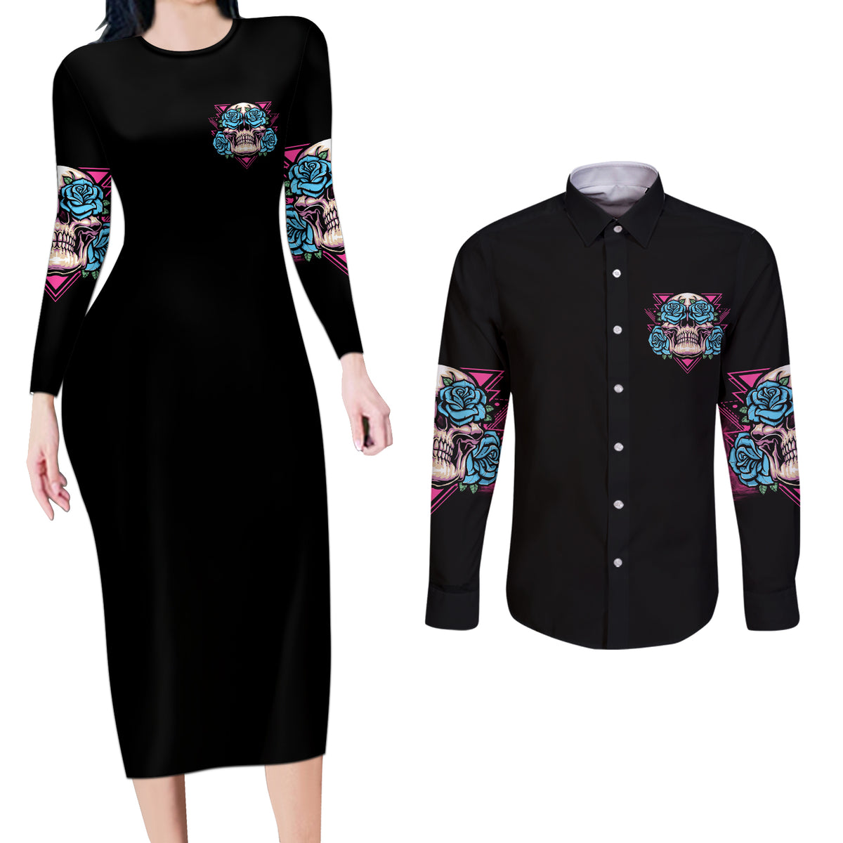 You Couldn't Handle Me Triangle Skull Couples Matching Long Sleeve Bodycon Dress and Long Sleeve Button Shirt - Wonder Print Shop