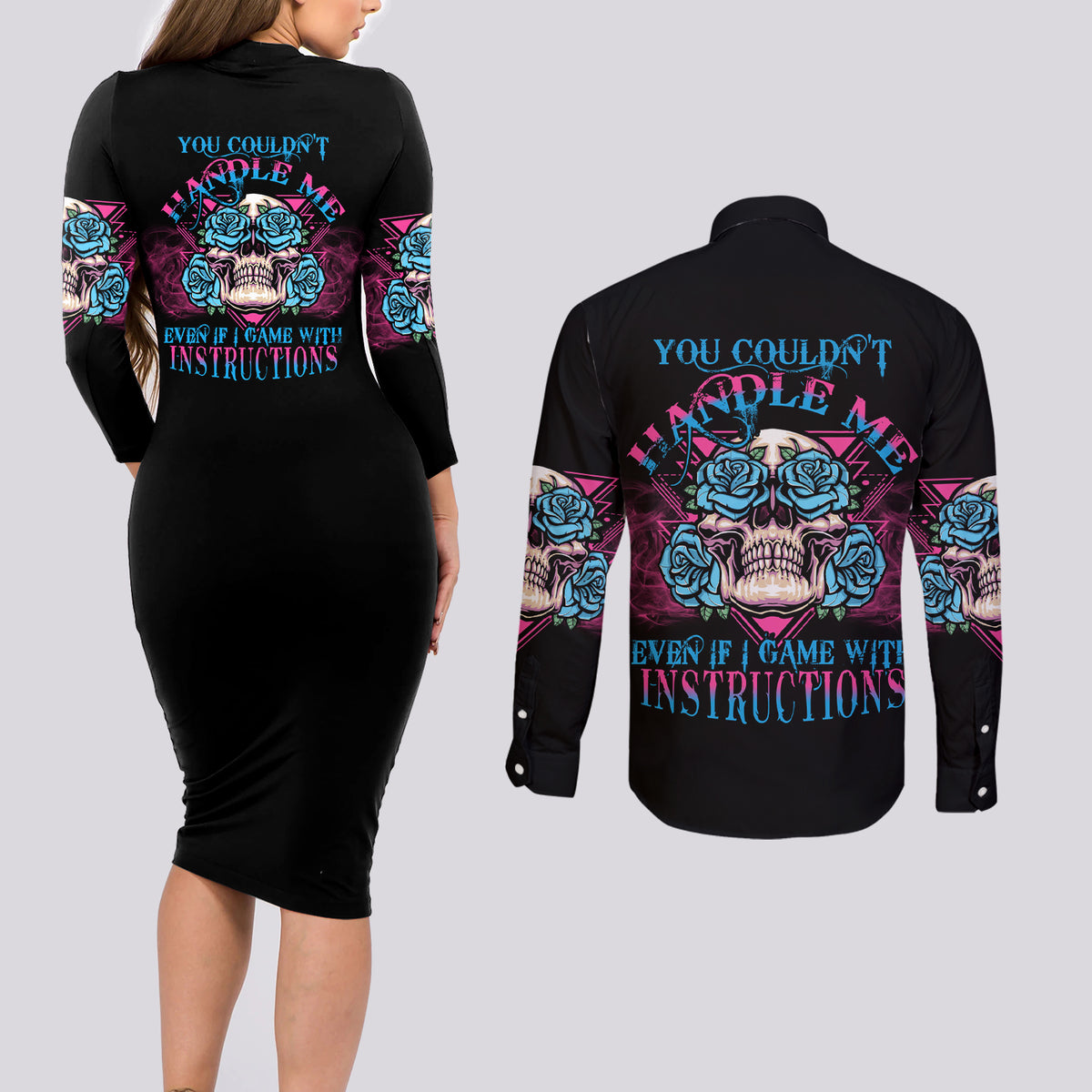 You Couldn't Handle Me Triangle Skull Couples Matching Long Sleeve Bodycon Dress and Long Sleeve Button Shirt - Wonder Print Shop