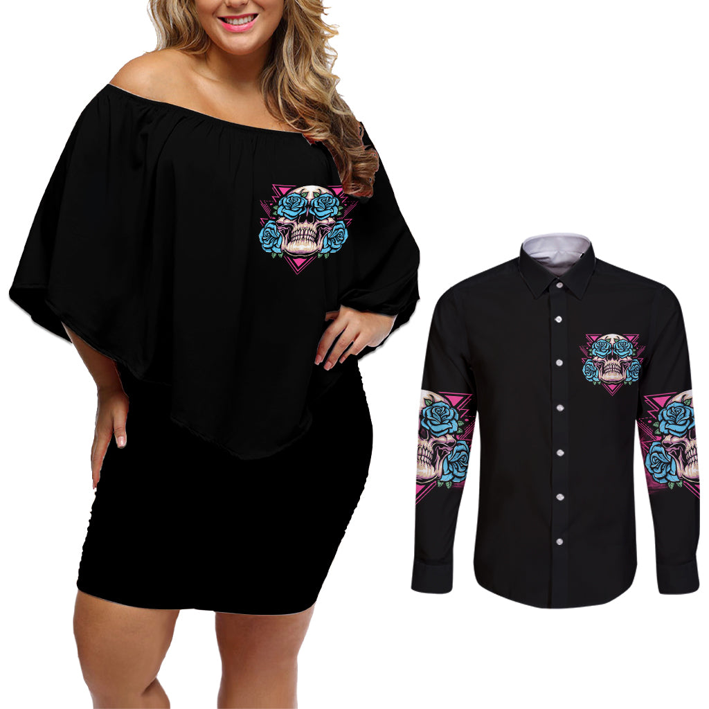 You Couldn't Handle Me Triangle Skull Couples Matching Off Shoulder Short Dress and Long Sleeve Button Shirt - Wonder Print Shop