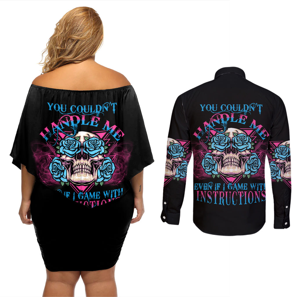 You Couldn't Handle Me Triangle Skull Couples Matching Off Shoulder Short Dress and Long Sleeve Button Shirt - Wonder Print Shop