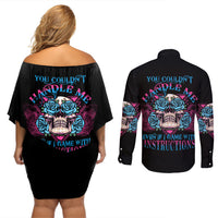 You Couldn't Handle Me Triangle Skull Couples Matching Off Shoulder Short Dress and Long Sleeve Button Shirt - Wonder Print Shop