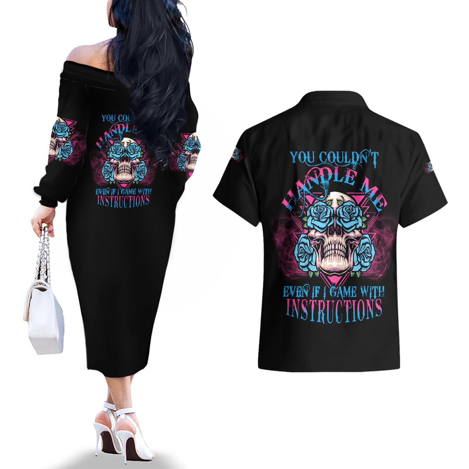 You Couldn't Handle Me Triangle Skull Couples Matching Off The Shoulder Long Sleeve Dress and Hawaiian Shirt - Wonder Print Shop