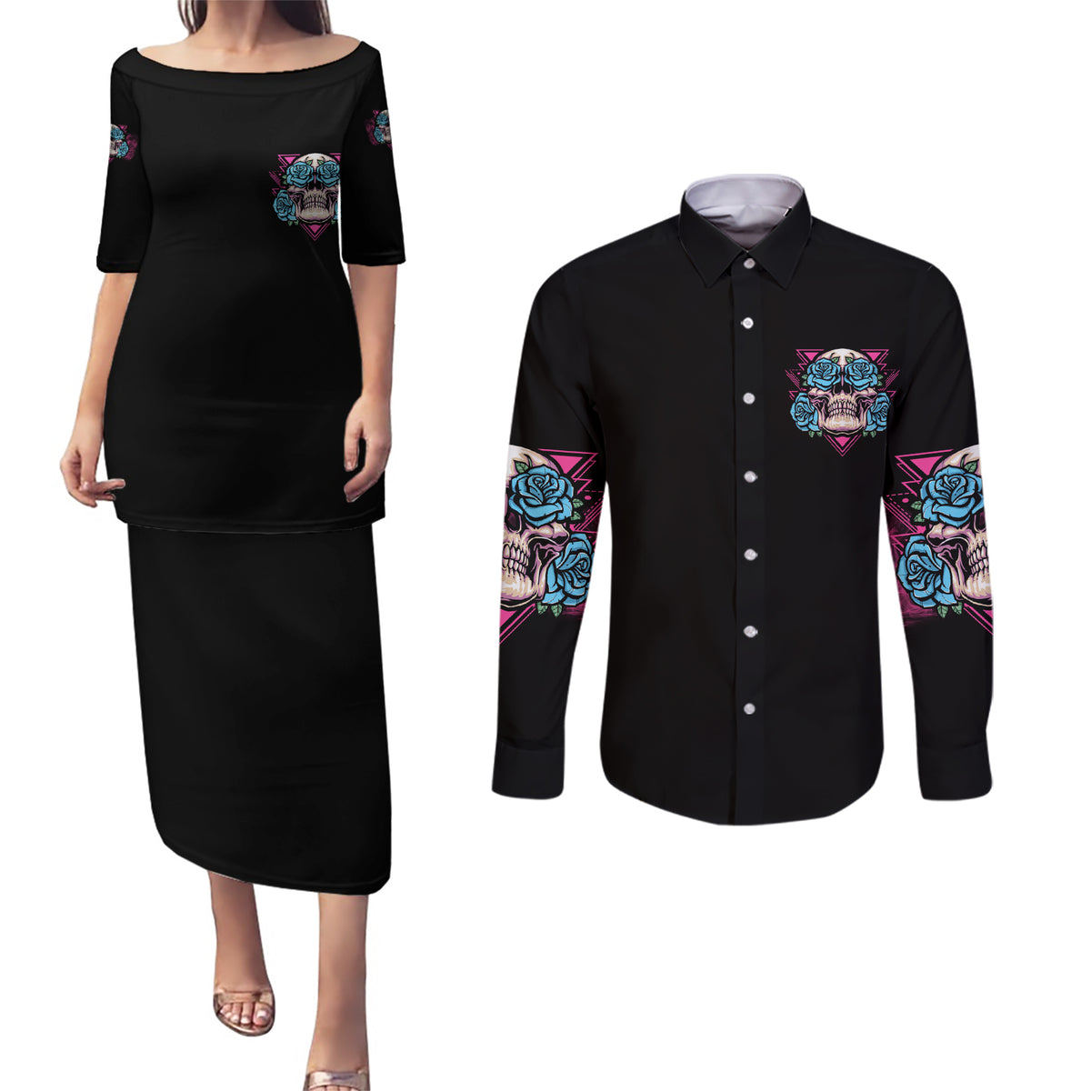You Couldn't Handle Me Triangle Skull Couples Matching Puletasi Dress and Long Sleeve Button Shirt - Wonder Print Shop