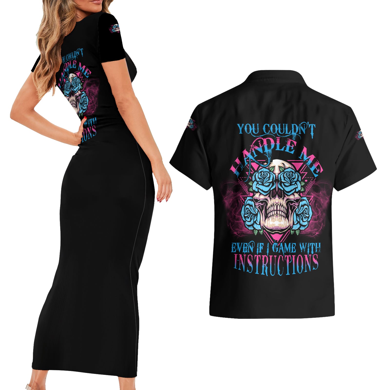 You Couldn't Handle Me Triangle Skull Couples Matching Short Sleeve Bodycon Dress and Hawaiian Shirt - Wonder Print Shop