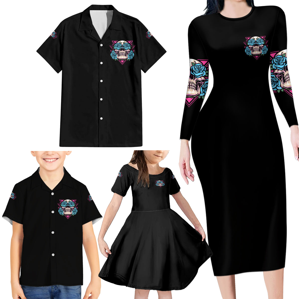 You Couldn't Handle Me Triangle Skull Family Matching Long Sleeve Bodycon Dress and Hawaiian Shirt - Wonder Print Shop