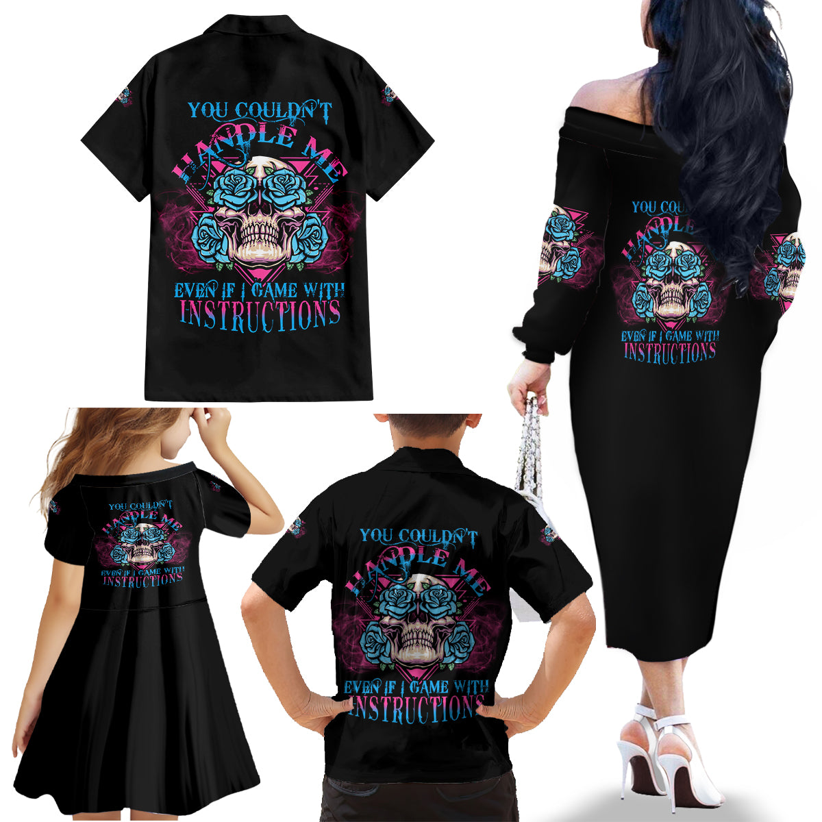 You Couldn't Handle Me Triangle Skull Family Matching Off Shoulder Long Sleeve Dress and Hawaiian Shirt - Wonder Print Shop