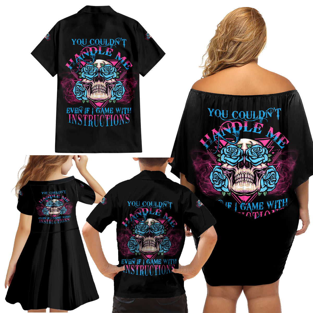 You Couldn't Handle Me Triangle Skull Family Matching Off Shoulder Short Dress and Hawaiian Shirt - Wonder Print Shop