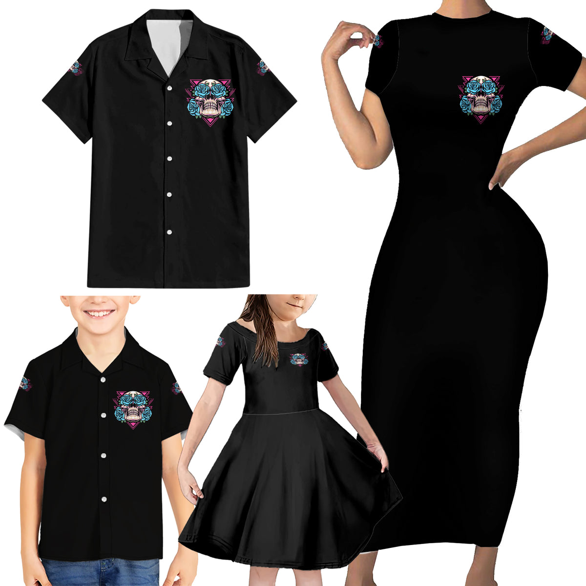 You Couldn't Handle Me Triangle Skull Family Matching Short Sleeve Bodycon Dress and Hawaiian Shirt - Wonder Print Shop