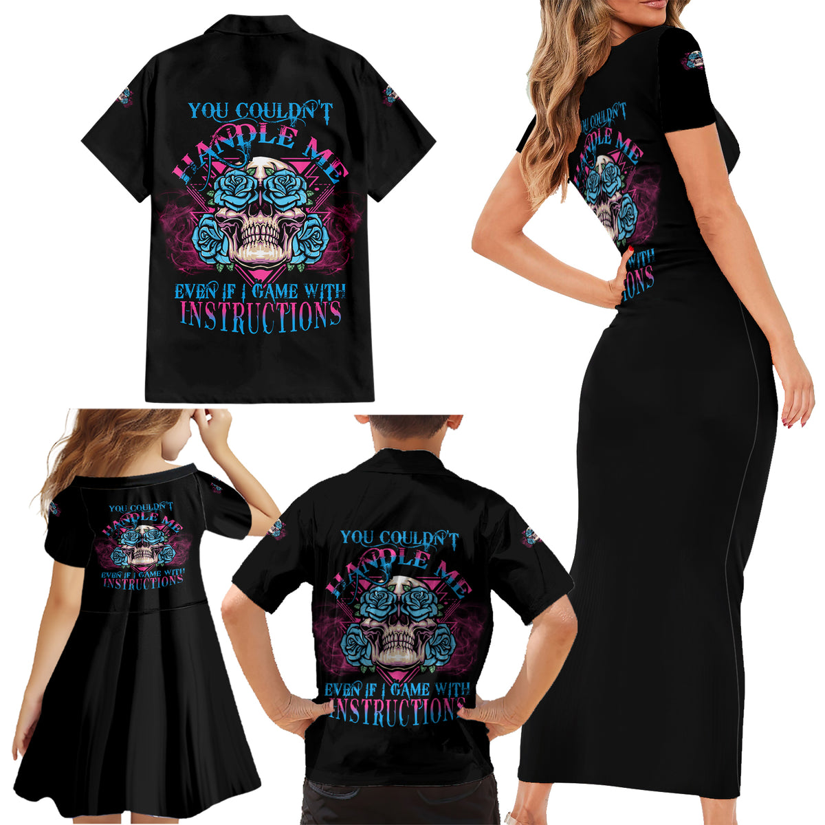 You Couldn't Handle Me Triangle Skull Family Matching Short Sleeve Bodycon Dress and Hawaiian Shirt - Wonder Print Shop