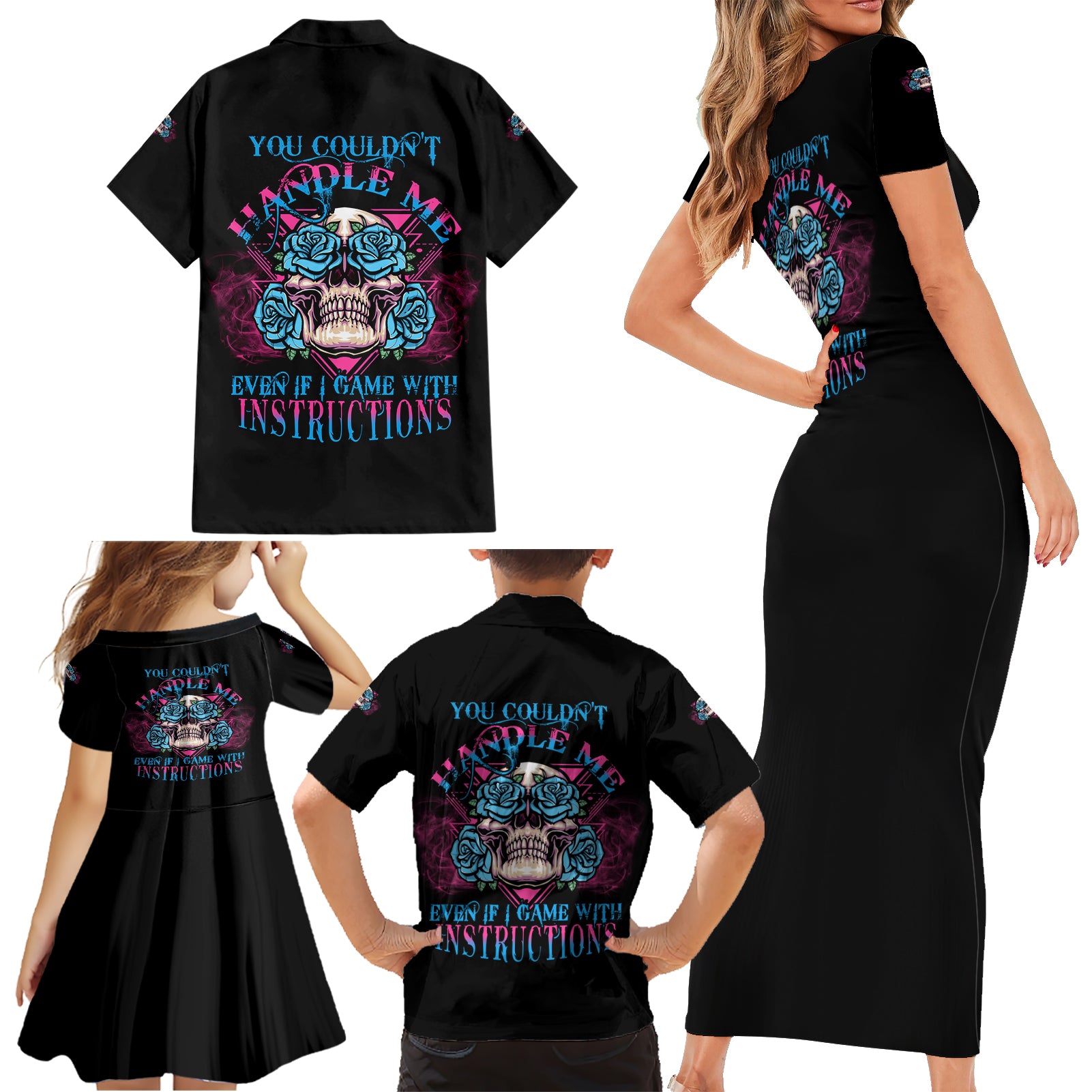 You Couldn't Handle Me Triangle Skull Family Matching Short Sleeve Bodycon Dress and Hawaiian Shirt - Wonder Print Shop