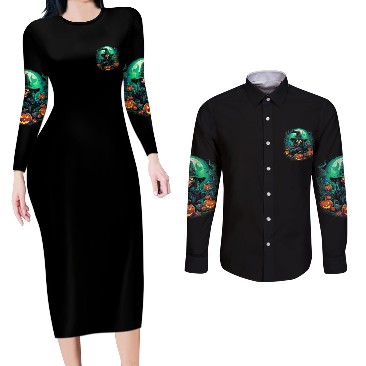Hocus Pocus Halloween Couples Matching Long Sleeve Bodycon Dress and Long Sleeve Button Shirt - Wonder Print Shop