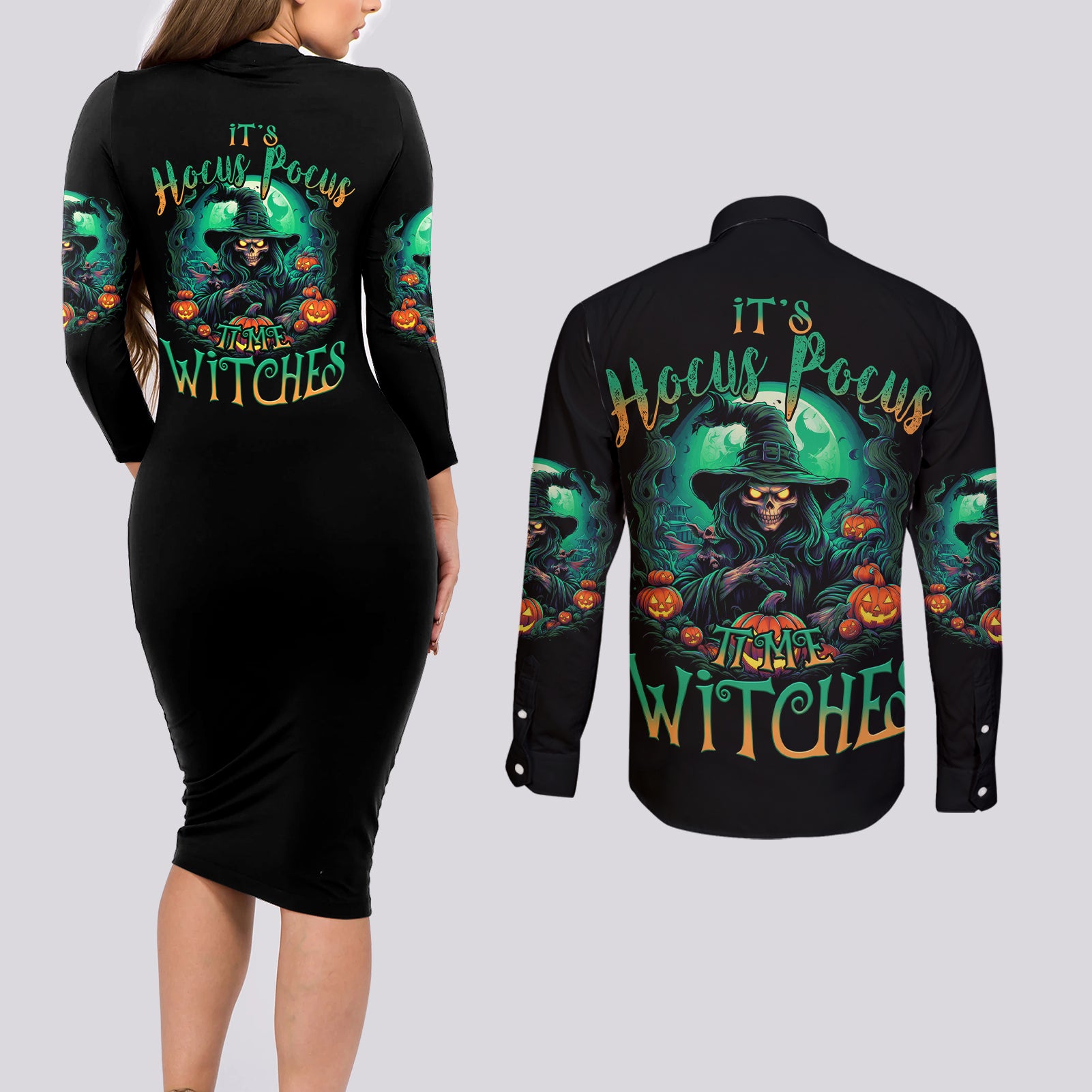 Hocus Pocus Halloween Couples Matching Long Sleeve Bodycon Dress and Long Sleeve Button Shirt - Wonder Print Shop